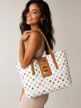 Tan-Trim White Multicolor Charismatic Pattern Charming Tote Bag & Wallet Set 3pc